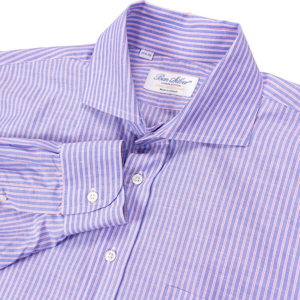 Ben Silver Charleston Mens 17.5-33 Striped Linen Cotton‎ Button Down Shirt Blue